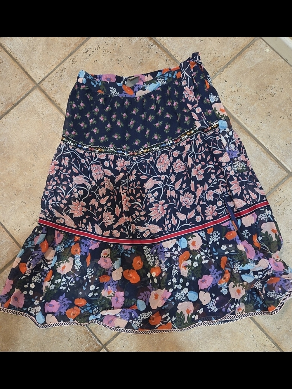 Anthropologie Navy Floral Tiered Midi Skirt with Pink & Orange Blooms